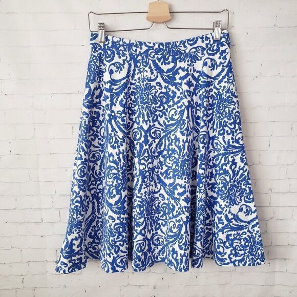 Adrienne Vittadini Damask Scroll Paisley A-Line Skirt Size S Blue White Ponte - Picture 2 of 6